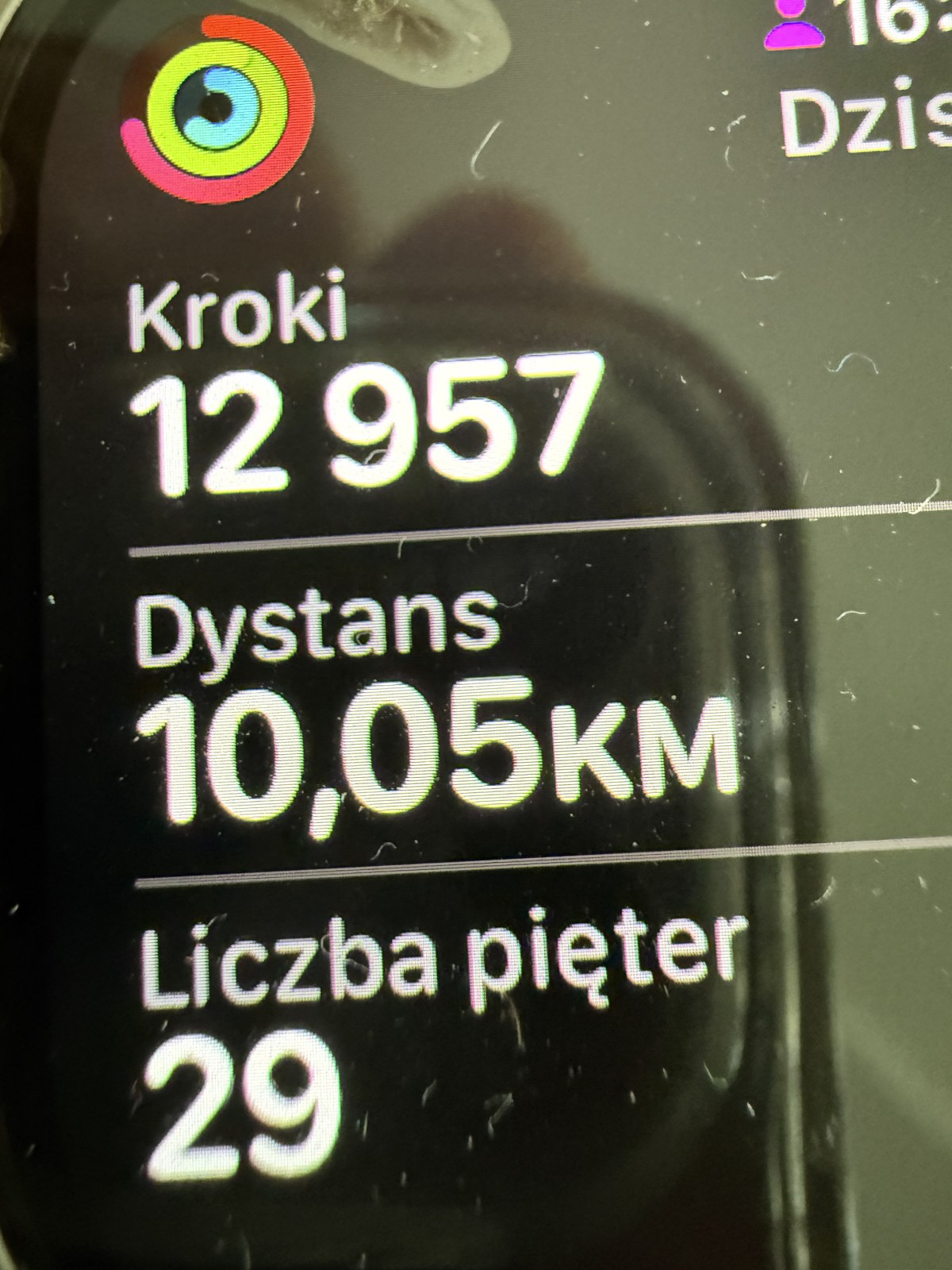 Zegarek pokazuje dzienne podsumowanie: 12 957 kroków, dystans 10,05 km, 29 pięter