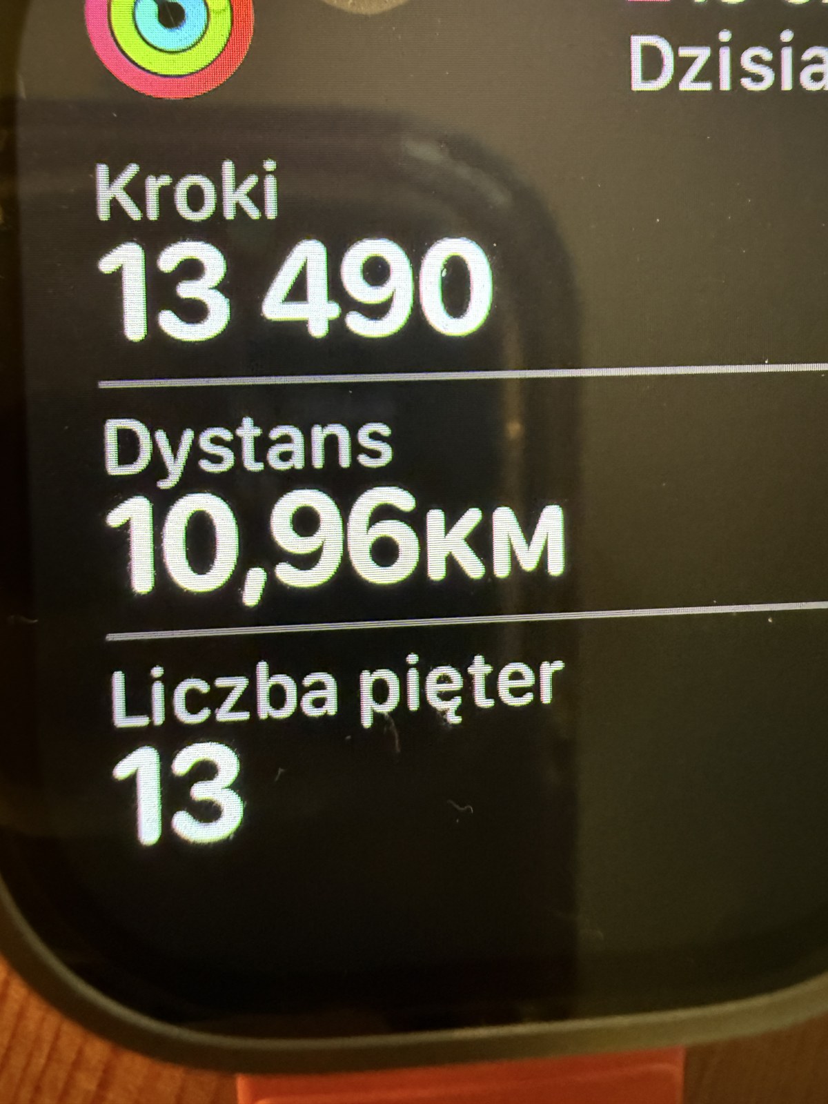 Zegarek pokazuje dzienne podsumowanie: 13 490 kroków, dystans 10,96 km, 13 pięter