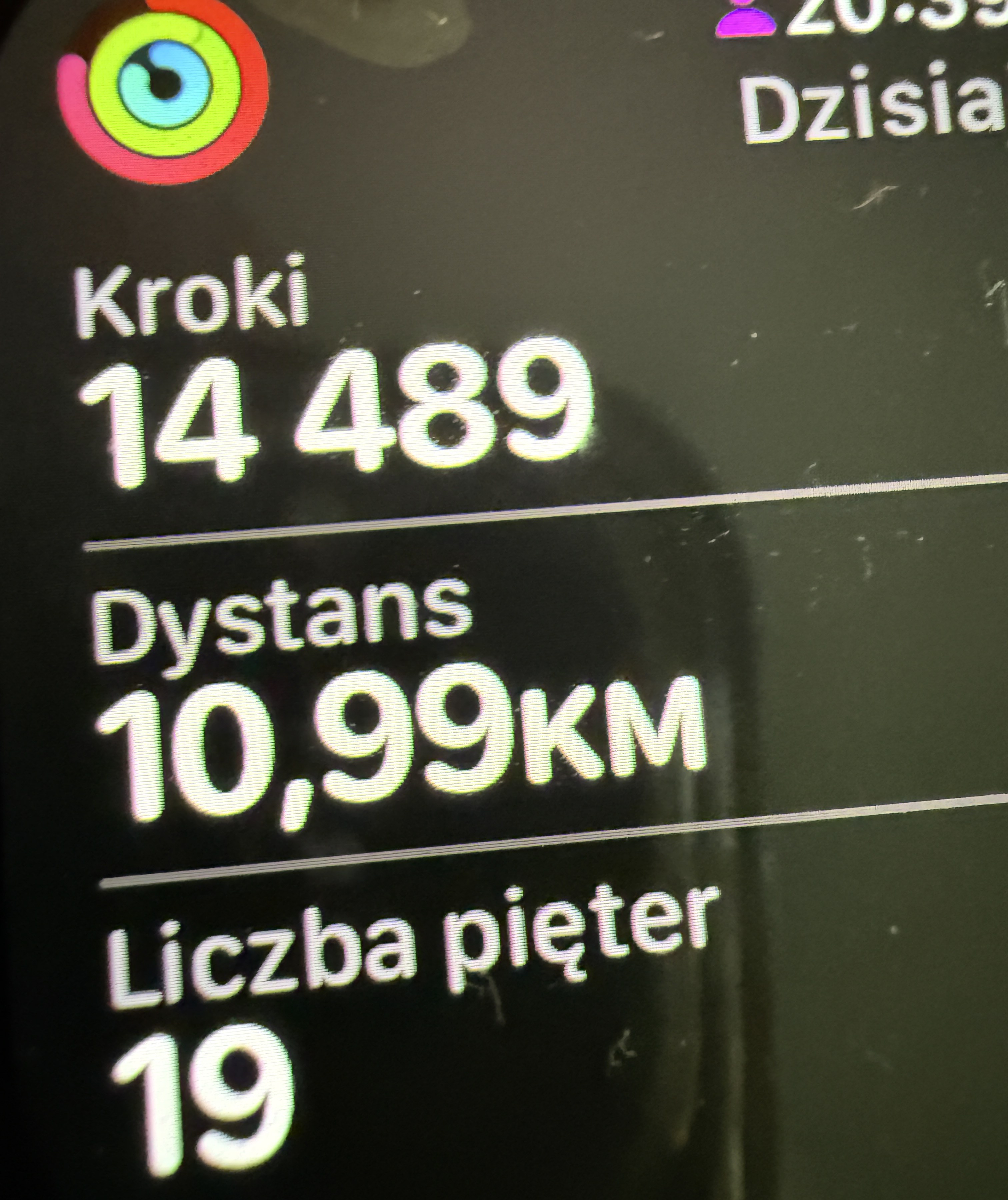 Zegarek pokazuje dzienne podsumowanie: 14 489 kroków, dystans 10,99 km, 19 pięter