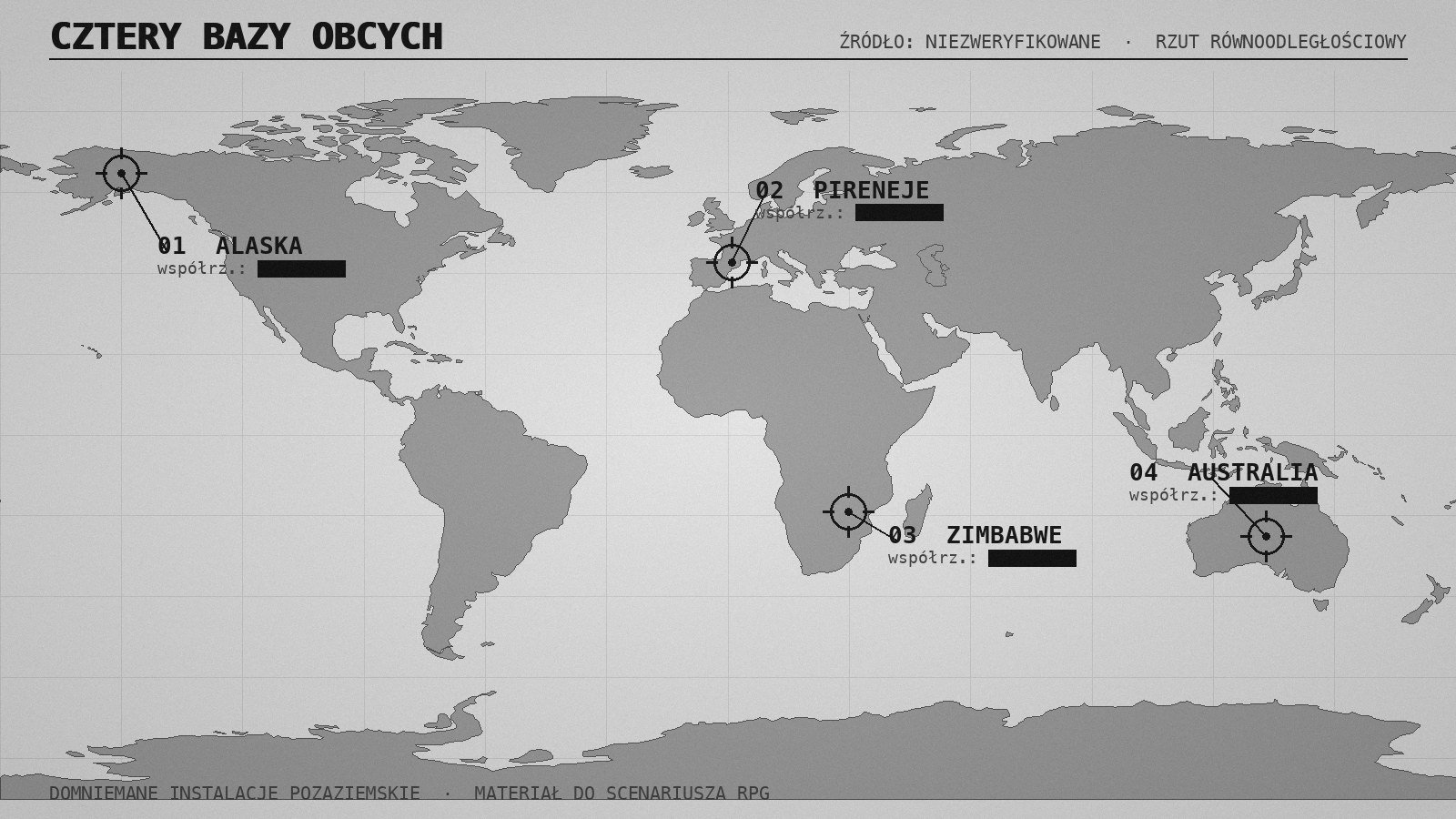 Stylizowana szara mapa świata z czterema zaznaczonymi domniemanymi bazami obcych: Alaska, Pireneje, Zimbabwe, Australia